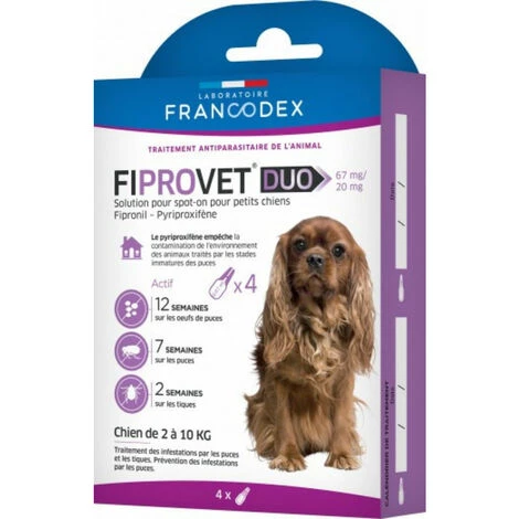 4 Pipettes Anti Puces Fiprovet Duo Pour Petit Chien 2 A 10 Kg - Francodex 1 4 Pipettes Anti Puces Fiprovet Duo Pour Petit Chien 2 A 10 Kg - Francodex