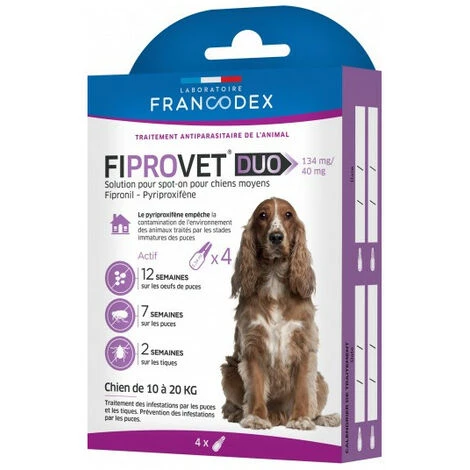 4 Pipettes Anti Puces Fiprovet Duo Pour Petit Chien 10 A 20 Kg - Francodex 1 4 Pipettes Anti Puces Fiprovet Duo Pour Petit Chien 10 A 20 Kg - Francodex